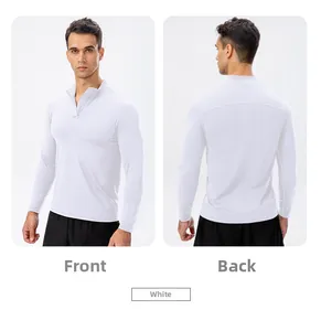Detailed front and back view of white men's half-zip athletic training sweatshirt