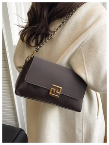 Detail of dark brown leather handbag with gold geometric buckle and chain strap on model