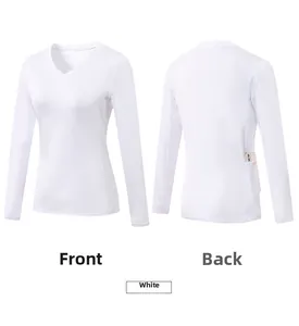 Close-up of white slim fit yoga top featuring V-neck design and back side hidden pocket