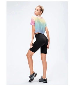 Back view of rainbow gradient women's quick-dry sports t-shirt with cycling shorts