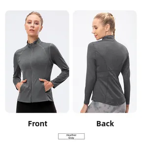 Front and back views of women's heather grey slim fit full-zip yoga running jacket