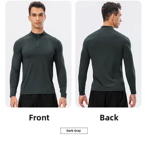 Front and back views of men's dark grey slim fit half-zip running sweatshirt