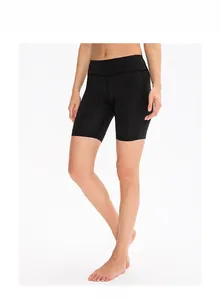Close-up of black high-waisted yoga shorts with elastic fabric and side stitching