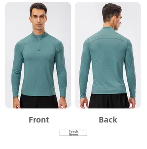 Front and back views of peacock green slim fit half-zip quick-dry men's sports sweatshirt