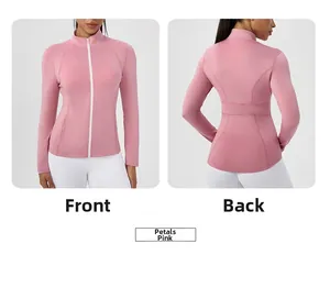 Front and back views of women's zip-up yoga jacket in petal pink with slim-fit design