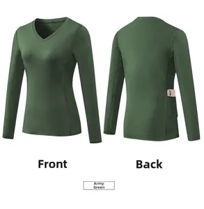 Detail of army green slim fit yoga top showing back pocket storage for smartphone