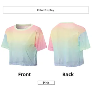 Front and back views of a rainbow gradient cropped mesh workout T-shirt for women