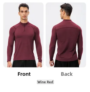 Front and back view of men's slim fit half-zip burgundy sports sweatshirt for running