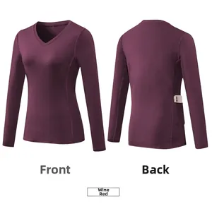 Front and back view of a wine red long-sleeve sports T-shirt with V-neck and phone pocket
