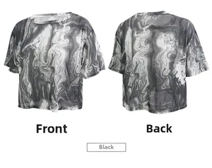 Detail of loose-fit quick-dry sports t-shirt with black and white marble print