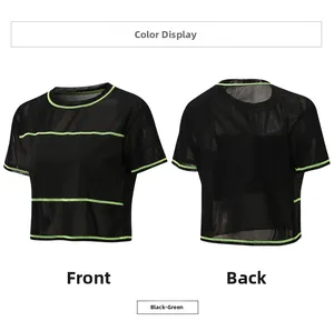 Front and back view of women's black mesh crop top with neon green trim detailing
