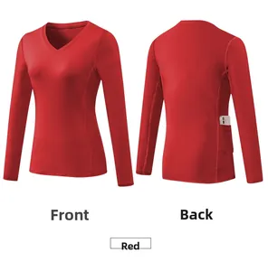 Front and back view of red long sleeve yoga top with V-neck and hidden back phone pocket