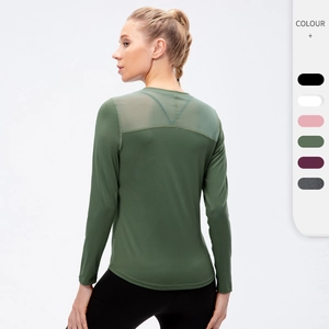 Haut de Yoga Patchwork en Maille pour Femmes Manches Longues T-Shirt de Sport Respirant Coupe Ajustée pour Fitness