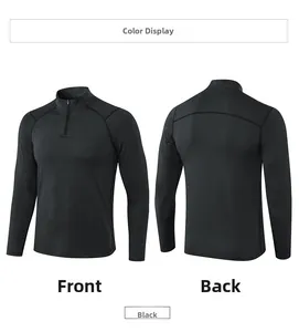 Front and back view of men's black quick-dry workout shirt with 1/4 zipper