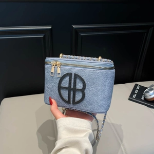 Modern light blue denim chain bag with AB logo and golden double zippers for women