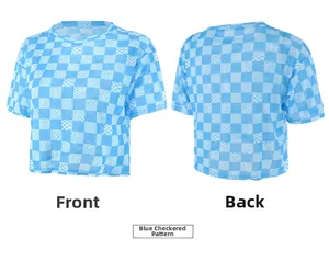 Front and back view of blue checkered mesh breathable loose short sleeve workout top