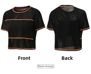 Front and back detail of breathable black mesh sports t-shirt with orange contrast trim