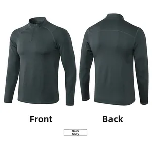 Front and back views of a dark gray slim-fit half-zip running sweatshirt for men
