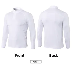 Front and back views of a white slim-fit half-zip men's athletic long sleeve running shirt