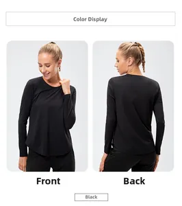Front and back view of black long sleeve yoga t-shirt with crew neck and curved hemline