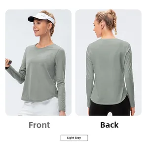 Detailed front and back view of light gray long sleeve yoga t-shirt with curved hemline