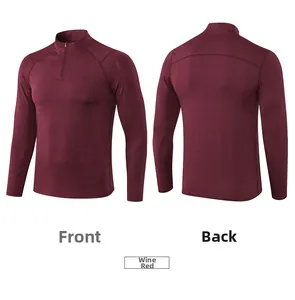 Macro detail of men's slim fit half-zip running shirt in burgundy marl fabric