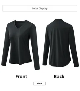 Vues avant et arrière du t-shirt de sport noir à manches longues et col en V pour femme