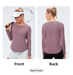 Front and back views of women's grape purple breathable quick-dry yoga long sleeve t-shirt