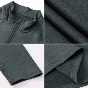 Detailed views of dark grey heathered athletic sweatshirt featuring half-zip collar and flatlock stitching
