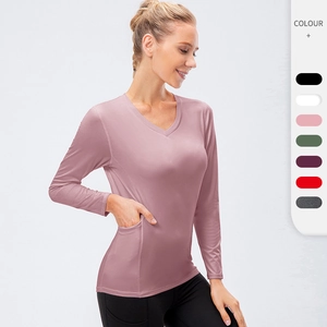 Women V Neck Long Sleeve Yoga Shirt Tight Fitness Top Quick Dry Workout Activewear Polyester Spandex Sport T-Shirt