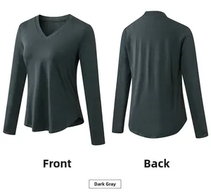 Vues avant et arrière d'un t-shirt de yoga gris foncé à col en V avec ourlet arrondi