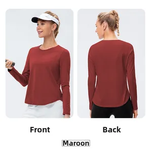 Front and back detail of a rust red long-sleeve yoga top with moisture-wicking fabric