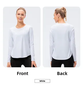 Front and back views of white long sleeve yoga top with curved hem and slim fit