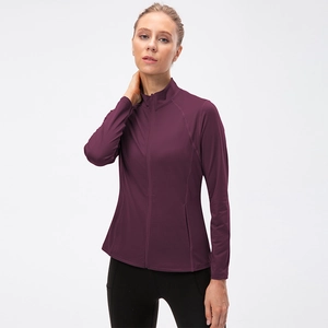 Deep purple women's zip-up slim fit sports jacket for yoga and running exercise