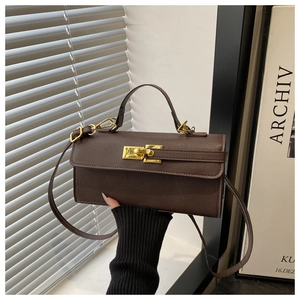 Détail du mini sac marron foncé avec fermoir doré tenu par un mannequin en ville