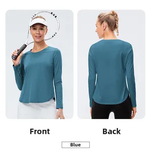 Front and back view of a blue long sleeve quick-dry sports t-shirt for tennis and gym