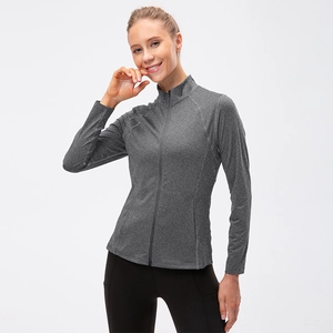 Women's grey marl slim fit zip-up sports jacket for running and yoga fitness wear