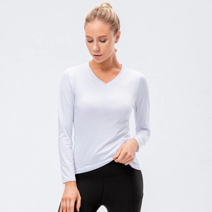 Women's white long sleeve V-neck yoga top, quick-dry slim fit athletic running shirt