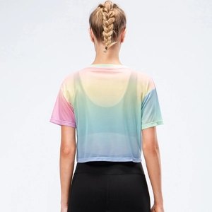 Women's loose fit quick-dry rainbow gradient mesh sports crop top for fitness and running