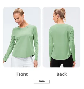 Light green long sleeve yoga top with a round neck and curved hem for women