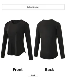 Front and back views of a black long-sleeved yoga shirt with a curved hem and crew neck