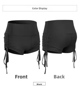 Detailed front and back views of black high-waisted yoga shorts with side drawstrings
