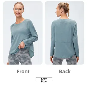 Viste anteriore e posteriore della maglia da yoga grigio-blu a maniche lunghe