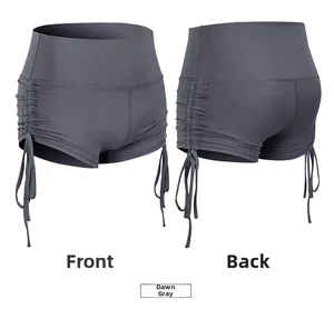 Front and back view of dawn grey high-waisted yoga shorts with adjustable side drawstrings