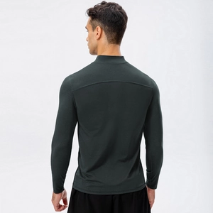 Men's slim-fit dark green running shirt with half-zip and breathable athletic fabric