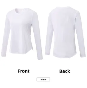 Front and back views of a white long-sleeve crew neck yoga T-shirt with curved hemline