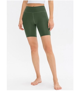 Front view of olive green high-waisted yoga shorts in matte stretch performance fabric