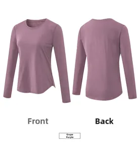 Front and back views of women's purple yoga shirt with round neck and curved hem detail