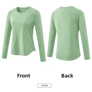 Front and back views of women's light green breathable long-sleeved yoga sports t-shirt