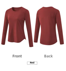 Front and back views of rust red loose-fit long sleeve yoga T-shirt with curved hem
